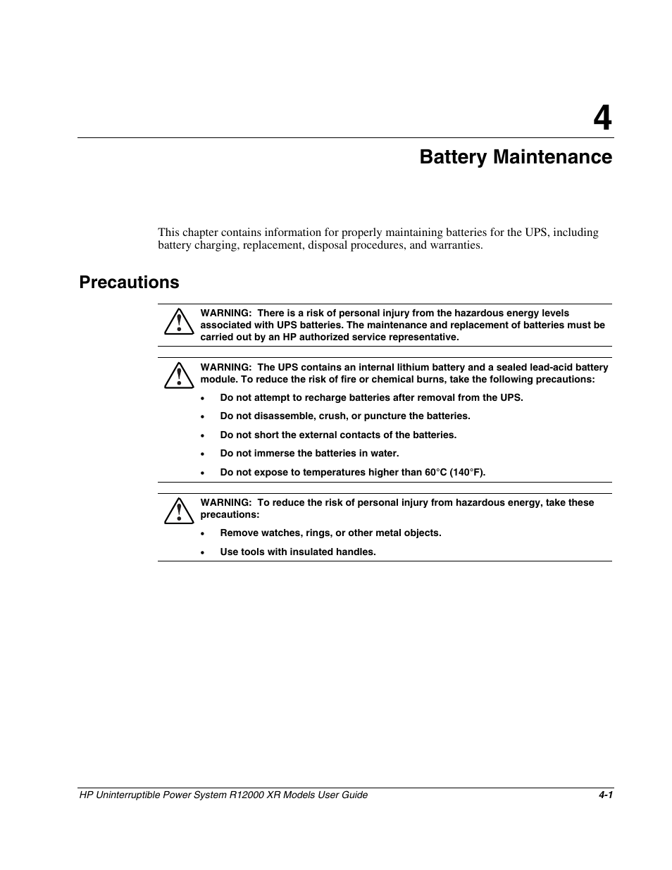 Chapter 4: battery maintenance, Precautions, Chapter 4 | Battery maintenance, Precautions -1 | HP R12000 XR User Manual | Page 39 / 69