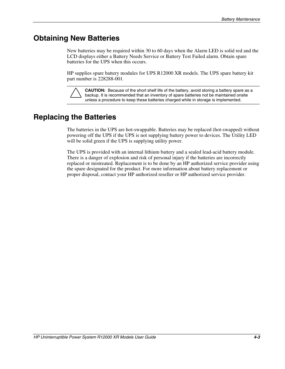 Obtaining new batteries, Replacing the batteries, Obtaining new batteries -3 | Replacing the batteries -3 | HP R12000 XR User Manual | Page 41 / 69