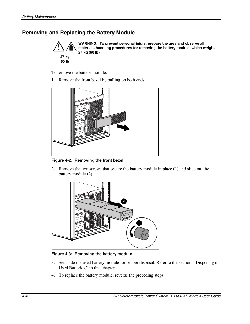 Removing and replacing the battery module, Removing and replacing the battery module -4 | HP R12000 XR User Manual | Page 42 / 69