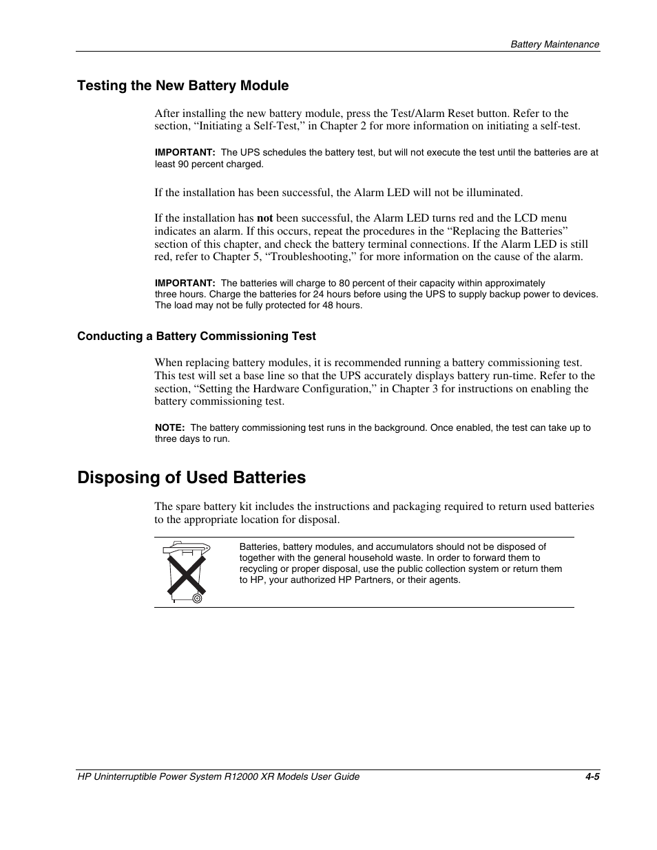 Testing the new battery module, Conducting a battery commissioning test, Disposing of used batteries | Testing the new battery module -5, Disposing of used batteries -5 | HP R12000 XR User Manual | Page 43 / 69