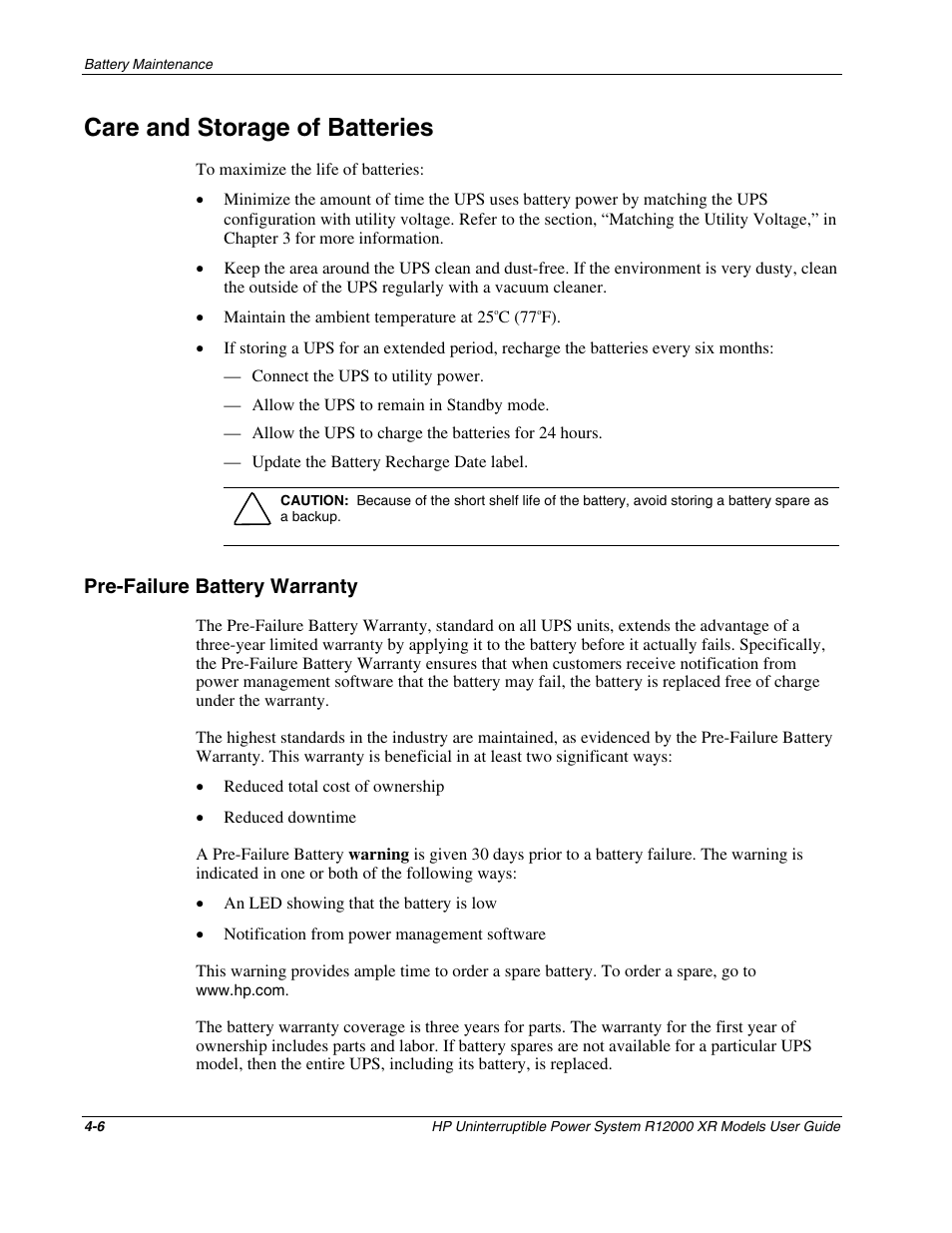 Care and storage of batteries, Pre-failure battery warranty, Care and storage of batteries -6 | Pre-failure battery warranty -6 | HP R12000 XR User Manual | Page 44 / 69