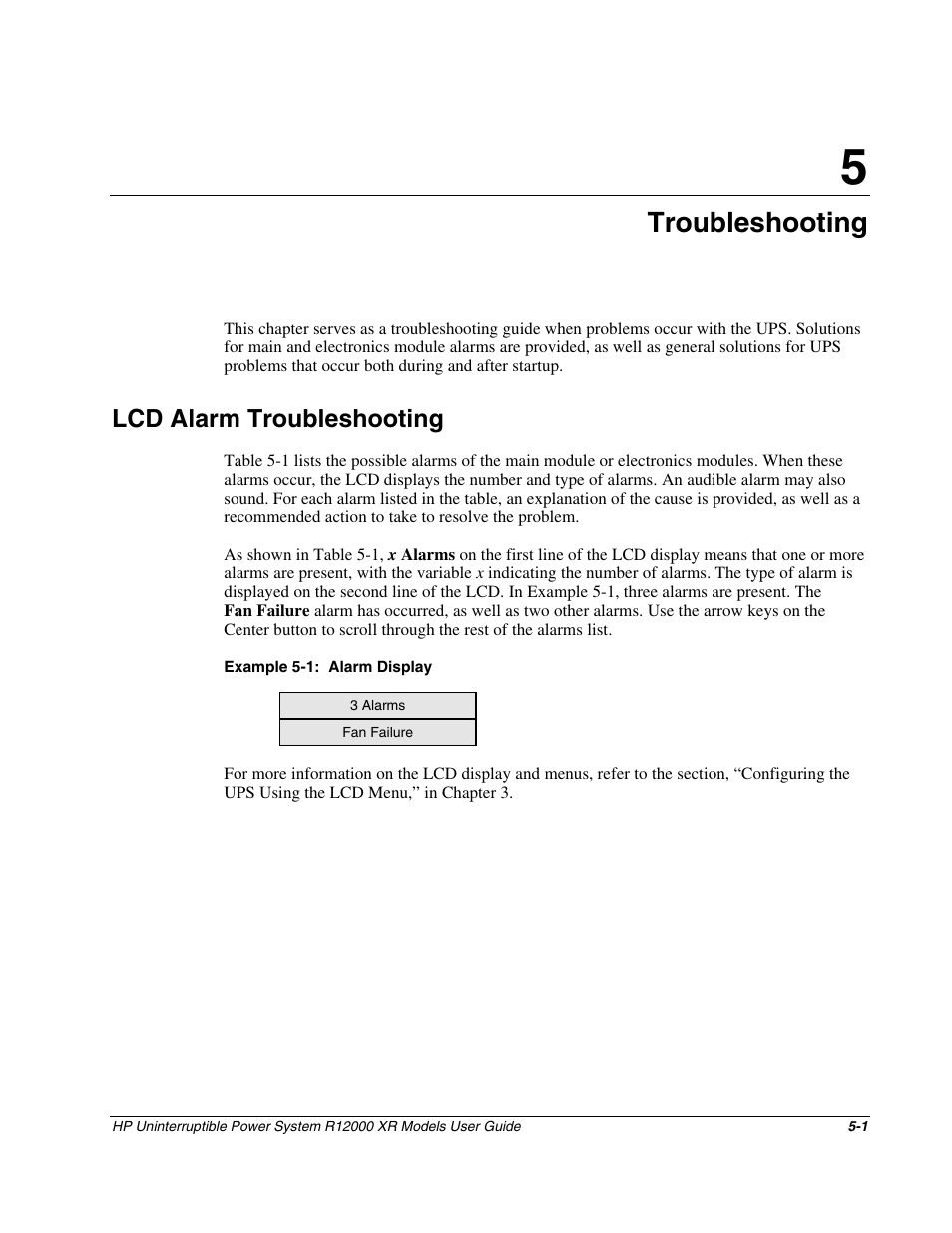 Chapter 5: troubleshooting, Lcd alarm troubleshooting, Chapter 5 | Troubleshooting, Lcd alarm troubleshooting -1 | HP R12000 XR User Manual | Page 45 / 69