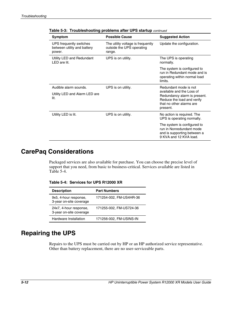 Carepaq considerations, Repairing the ups, Carepaq | Considerations -12, Repairing the ups -12 | HP R12000 XR User Manual | Page 56 / 69