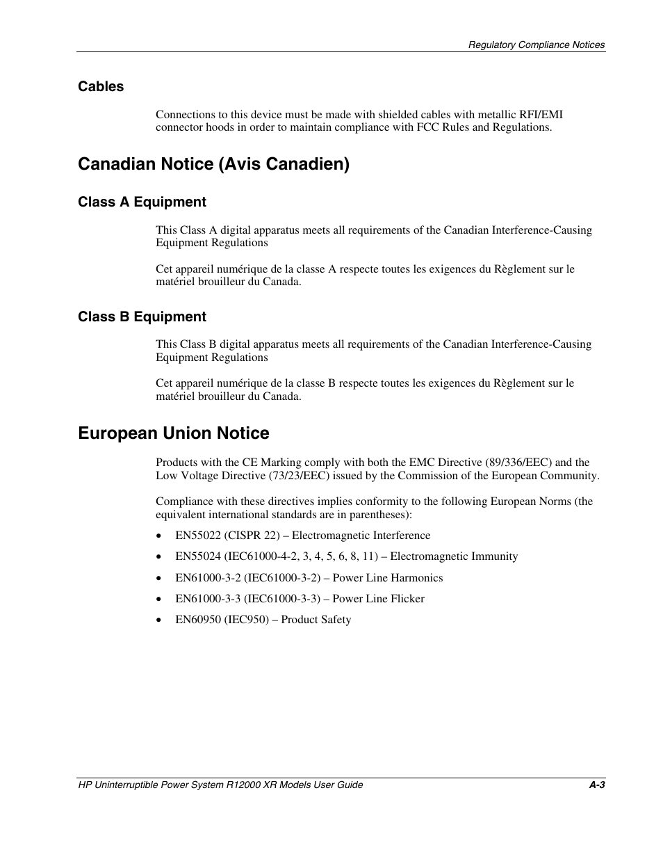 Cables, Canadian notice (avis canadien), Class a equipment | Class b equipment, European union notice | HP R12000 XR User Manual | Page 59 / 69