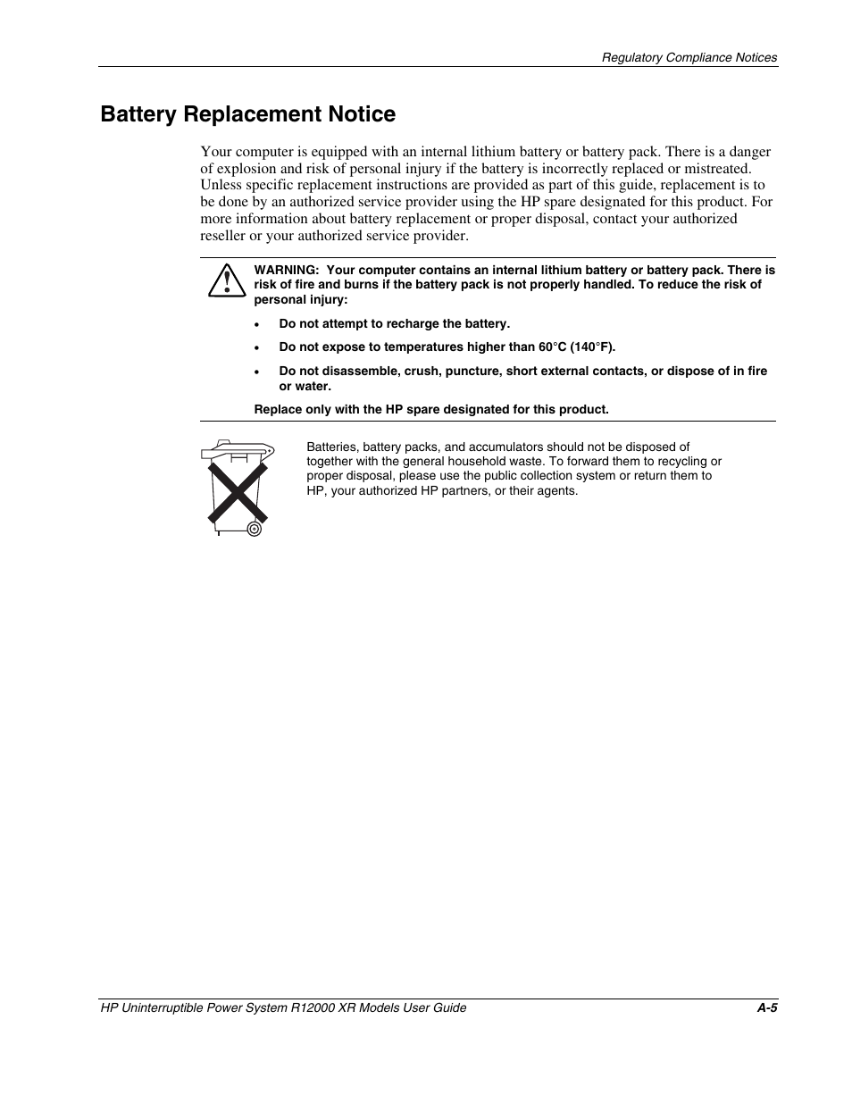 Battery replacement notice | HP R12000 XR User Manual | Page 61 / 69