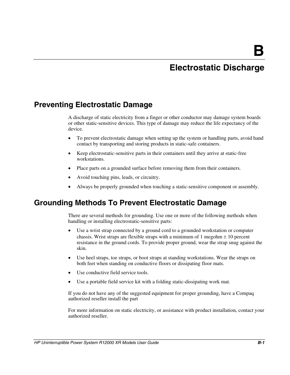 Appendix b: electrostatic discharge, Preventing electrostatic damage, Grounding methods to prevent electrostatic damage | Appendix b, Electrostatic discharge | HP R12000 XR User Manual | Page 62 / 69