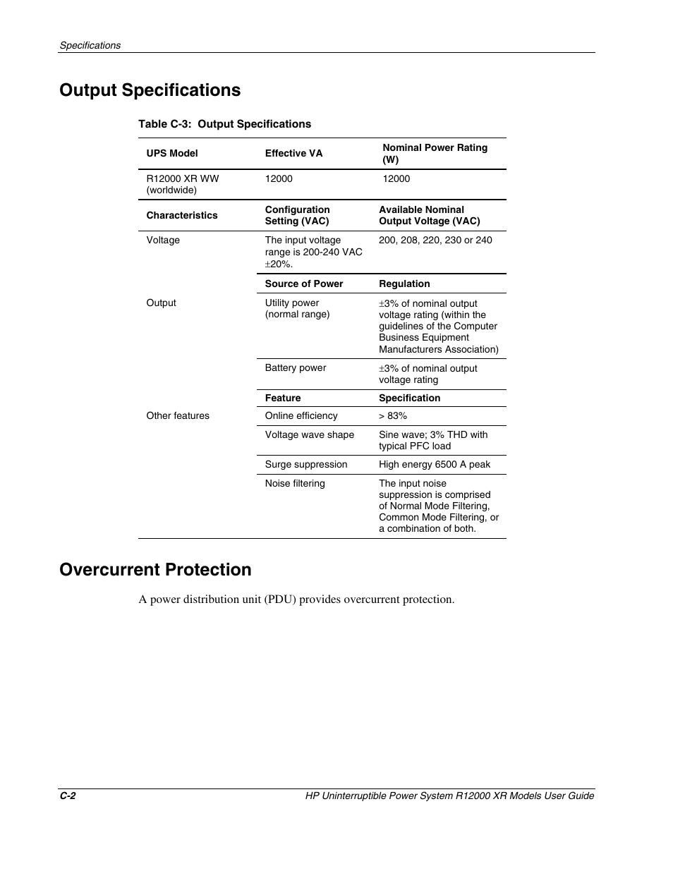 Output specifications, Overcurrent protection | HP R12000 XR User Manual | Page 64 / 69