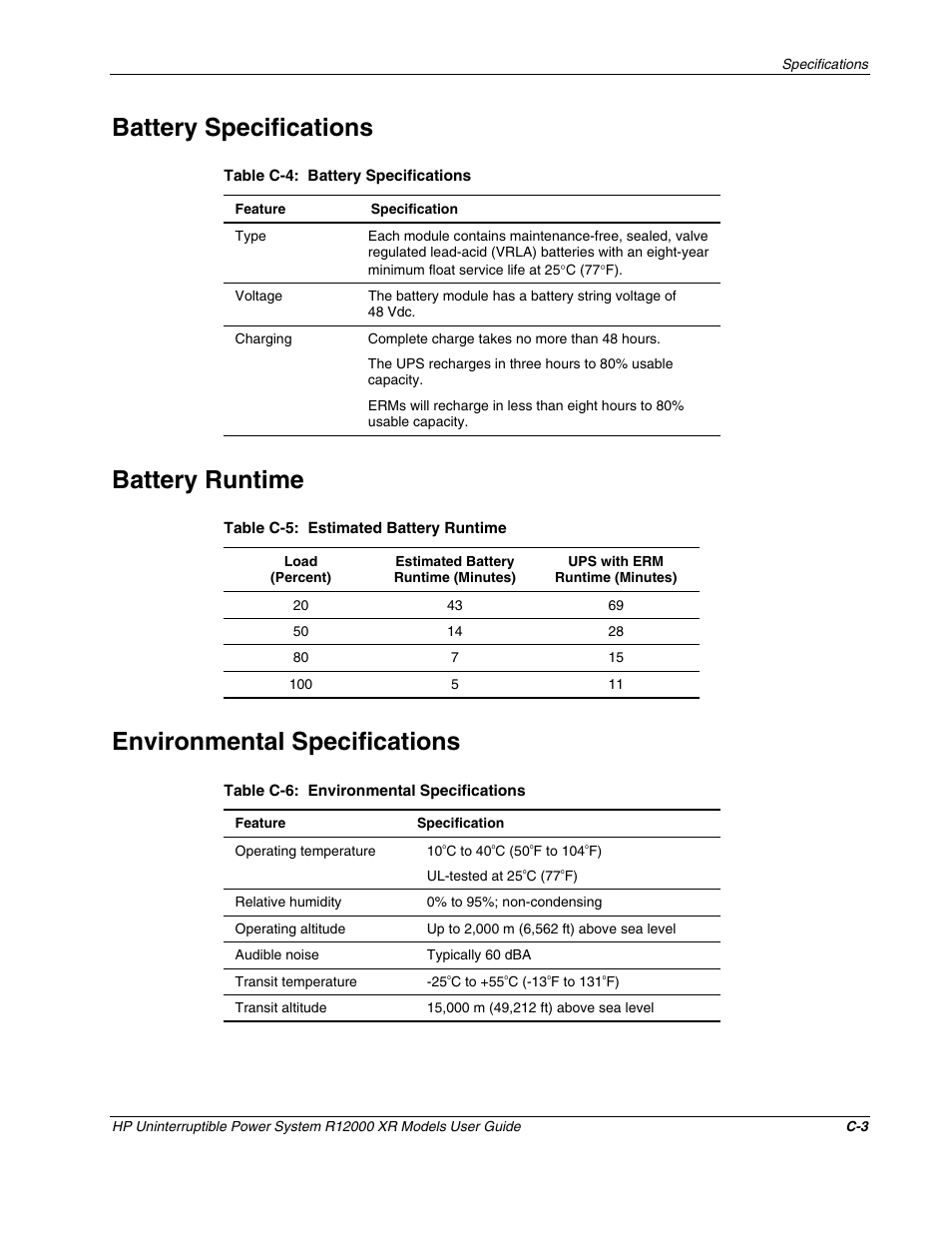 Battery specifications, Battery runtime, Environmental specifications | HP R12000 XR User Manual | Page 65 / 69