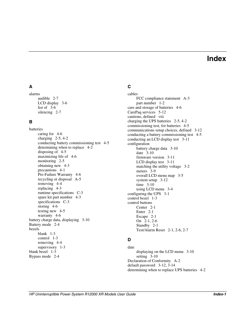 Index | HP R12000 XR User Manual | Page 66 / 69