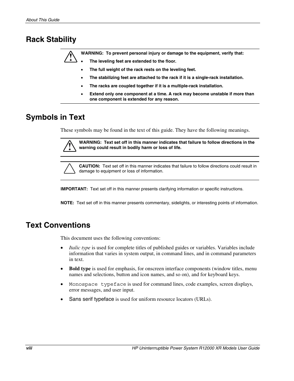 Rack stability, Symbols in text, Text conventions | HP R12000 XR User Manual | Page 7 / 69