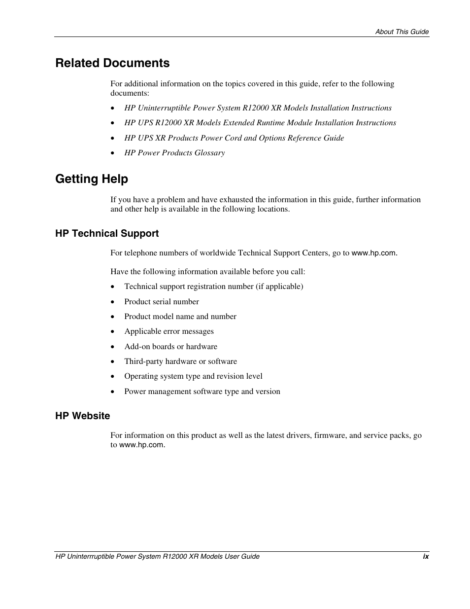 Related documents, Getting help, Hp technical support | Hp website | HP R12000 XR User Manual | Page 8 / 69