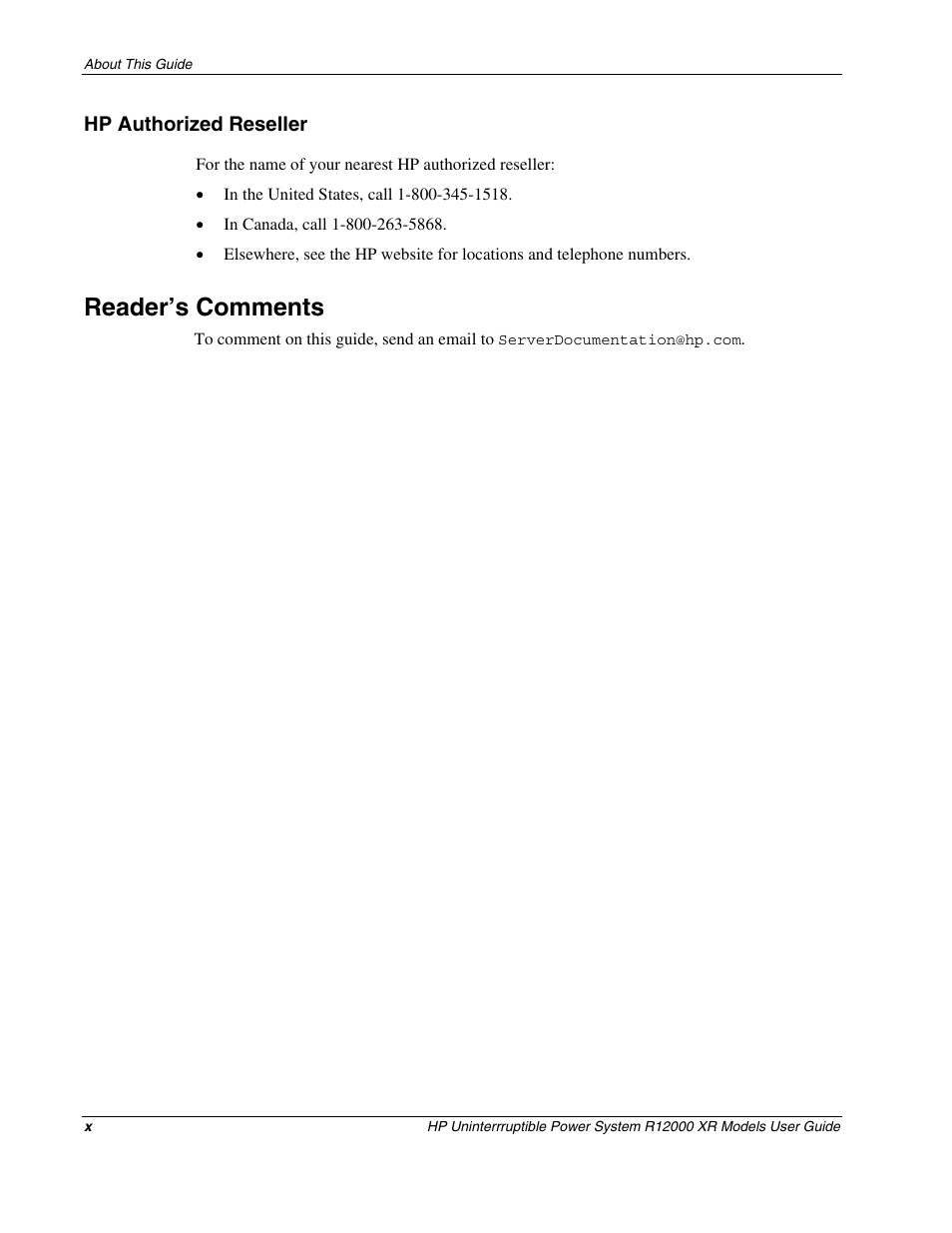 Hp authorized reseller, Reader’s comments | HP R12000 XR User Manual | Page 9 / 69