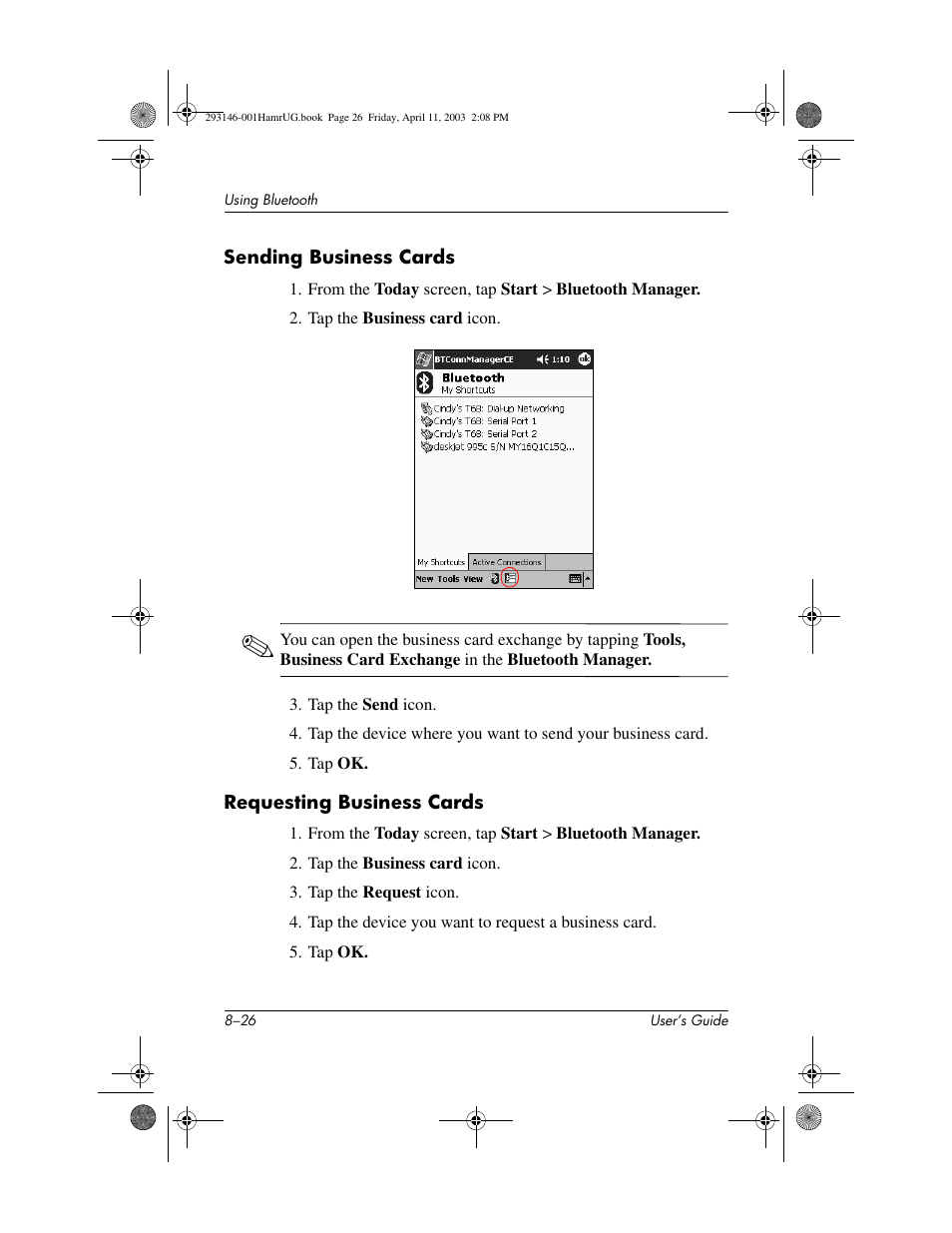 Sending business cards, Requesting business cards | HP h2200 Series User Manual | Page 101 / 125