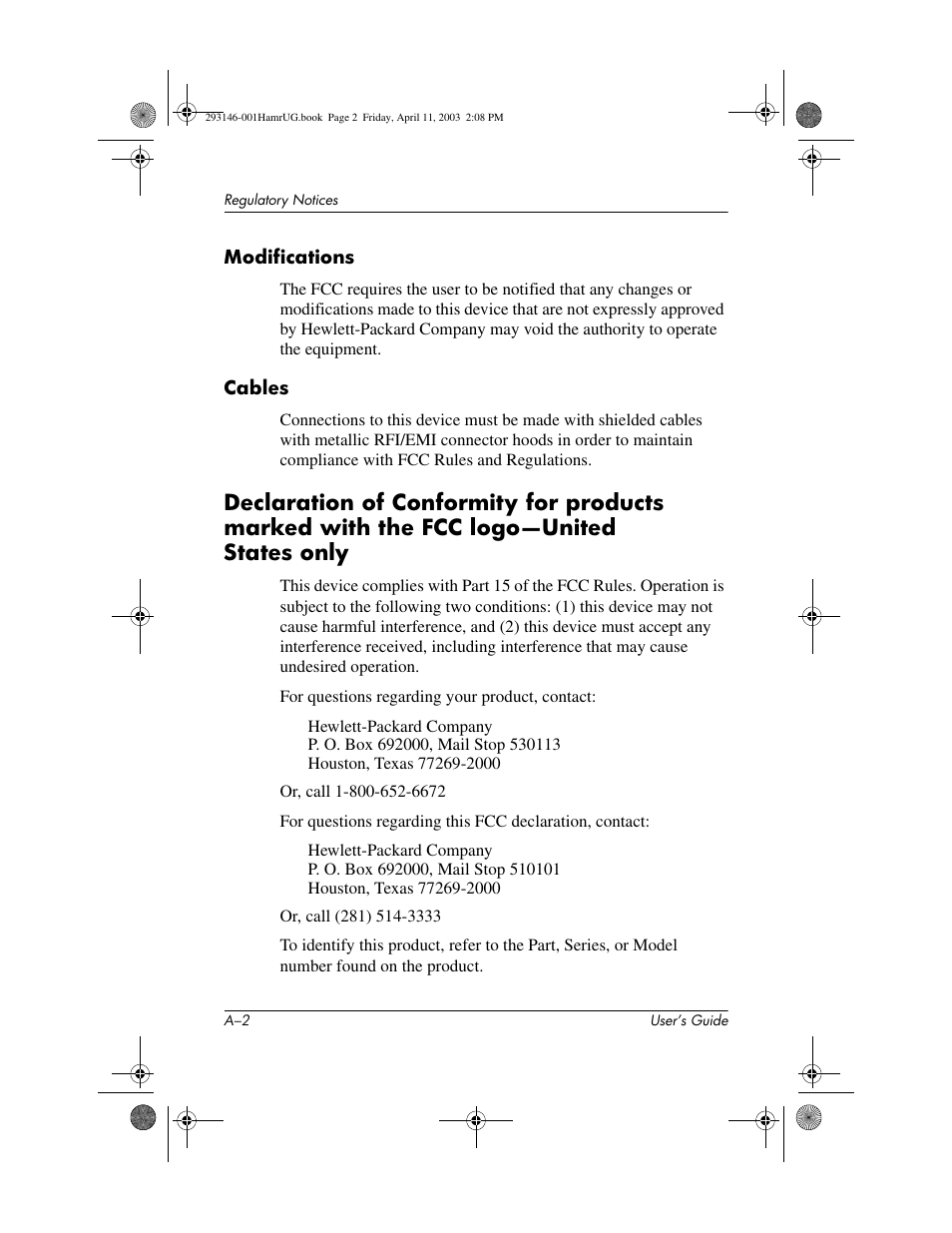 Modifications, Cables | HP h2200 Series User Manual | Page 113 / 125