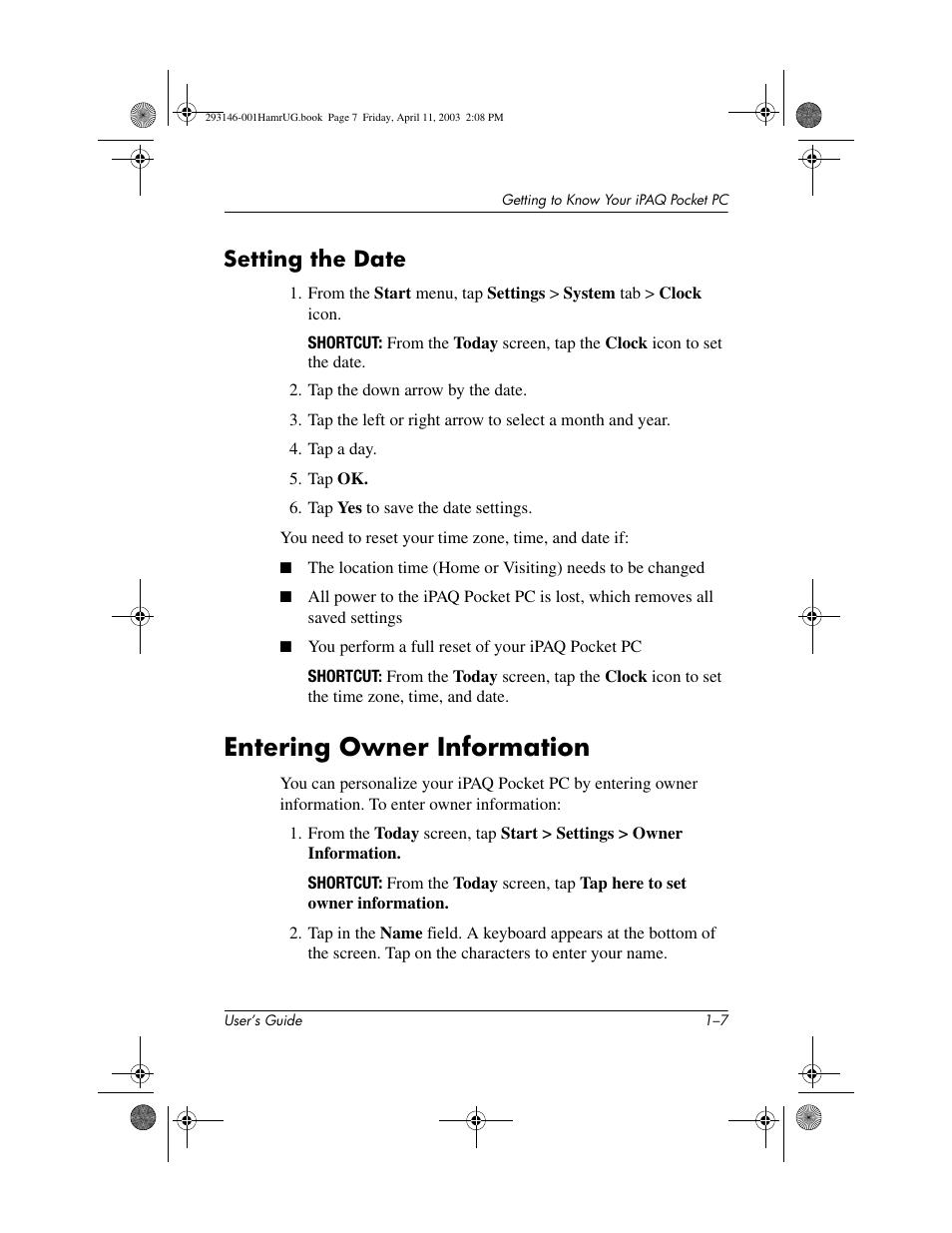 Setting the date, Entering owner information, Setting the date –7 | Entering owner information –7 | HP h2200 Series User Manual | Page 14 / 125