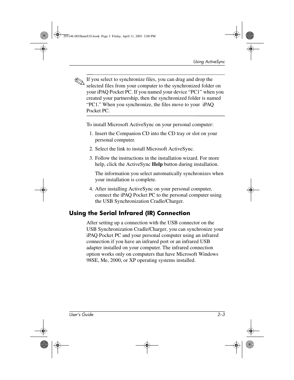 Using the serial infrared (ir) connection | HP h2200 Series User Manual | Page 21 / 125