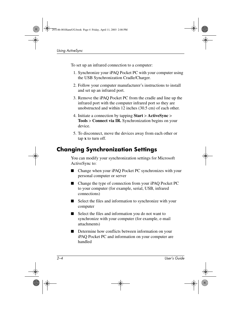 Changing synchronization settings, Changing synchronization settings –4 | HP h2200 Series User Manual | Page 22 / 125