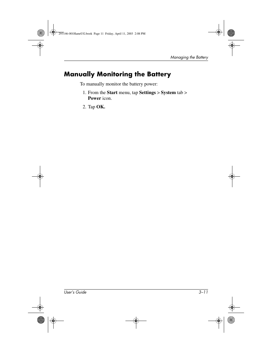 Manually monitoring the battery, Manually monitoring the battery –11 | HP h2200 Series User Manual | Page 36 / 125