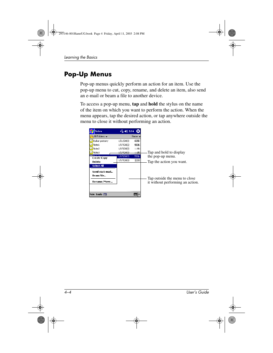 Pop-up menus, Pop-up menus –4 | HP h2200 Series User Manual | Page 40 / 125