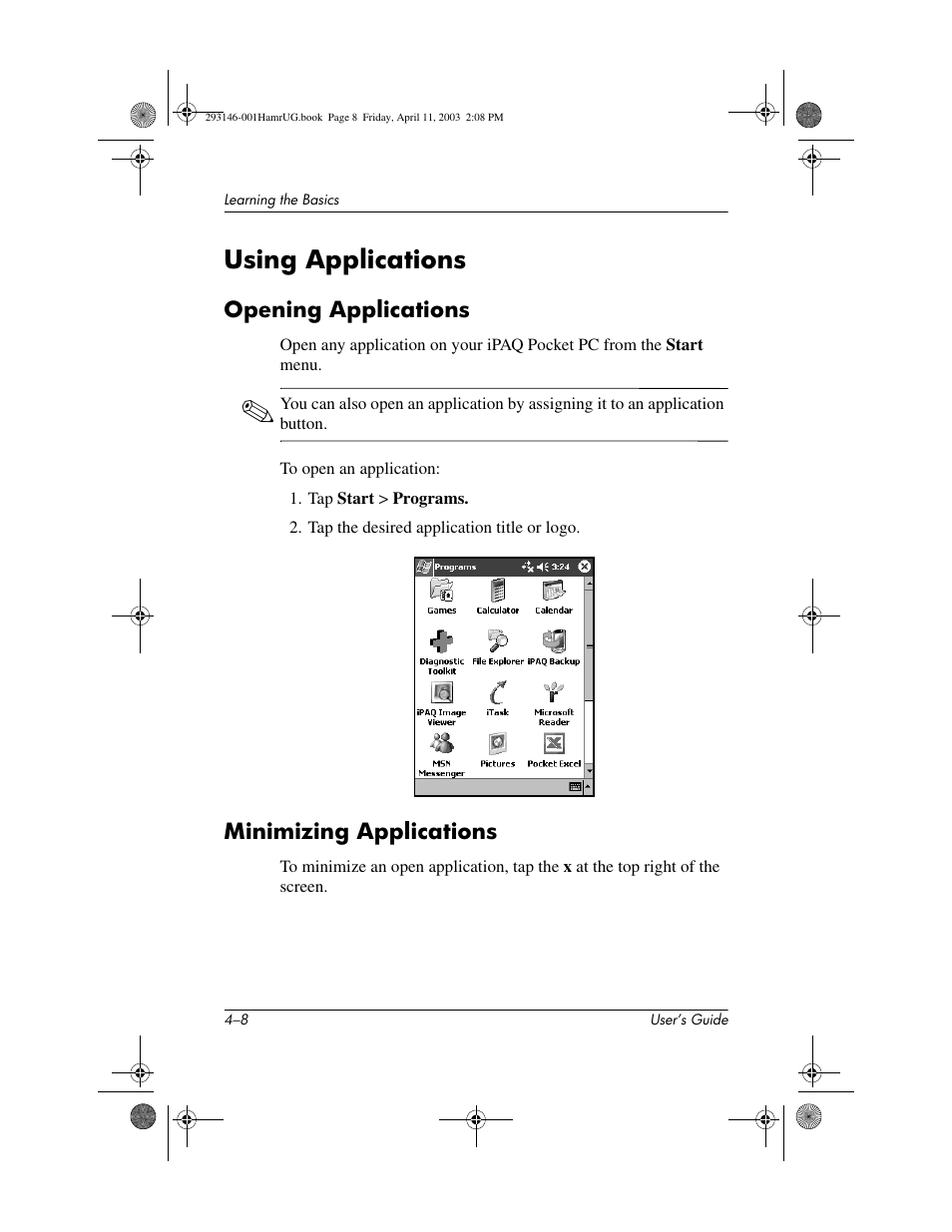 Using applications, Opening applications, Minimizing applications | Using applications –8, Opening applications –8 minimizing applications –8 | HP h2200 Series User Manual | Page 44 / 125