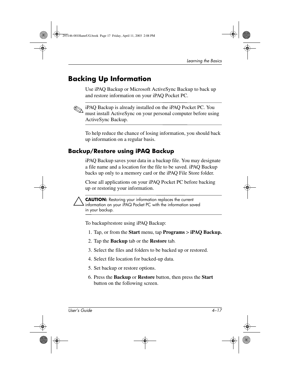 Backing up information, Backup/restore using ipaq backup, Backing up information –17 | HP h2200 Series User Manual | Page 53 / 125