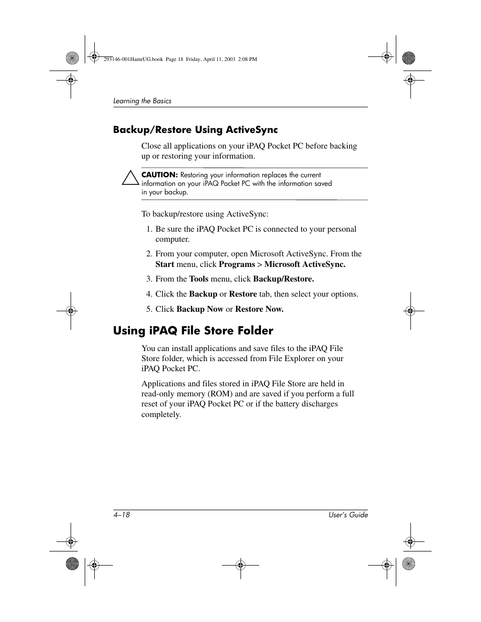 Backup/restore using activesync, Using ipaq file store folder, Using ipaq file store folder –18 | HP h2200 Series User Manual | Page 54 / 125