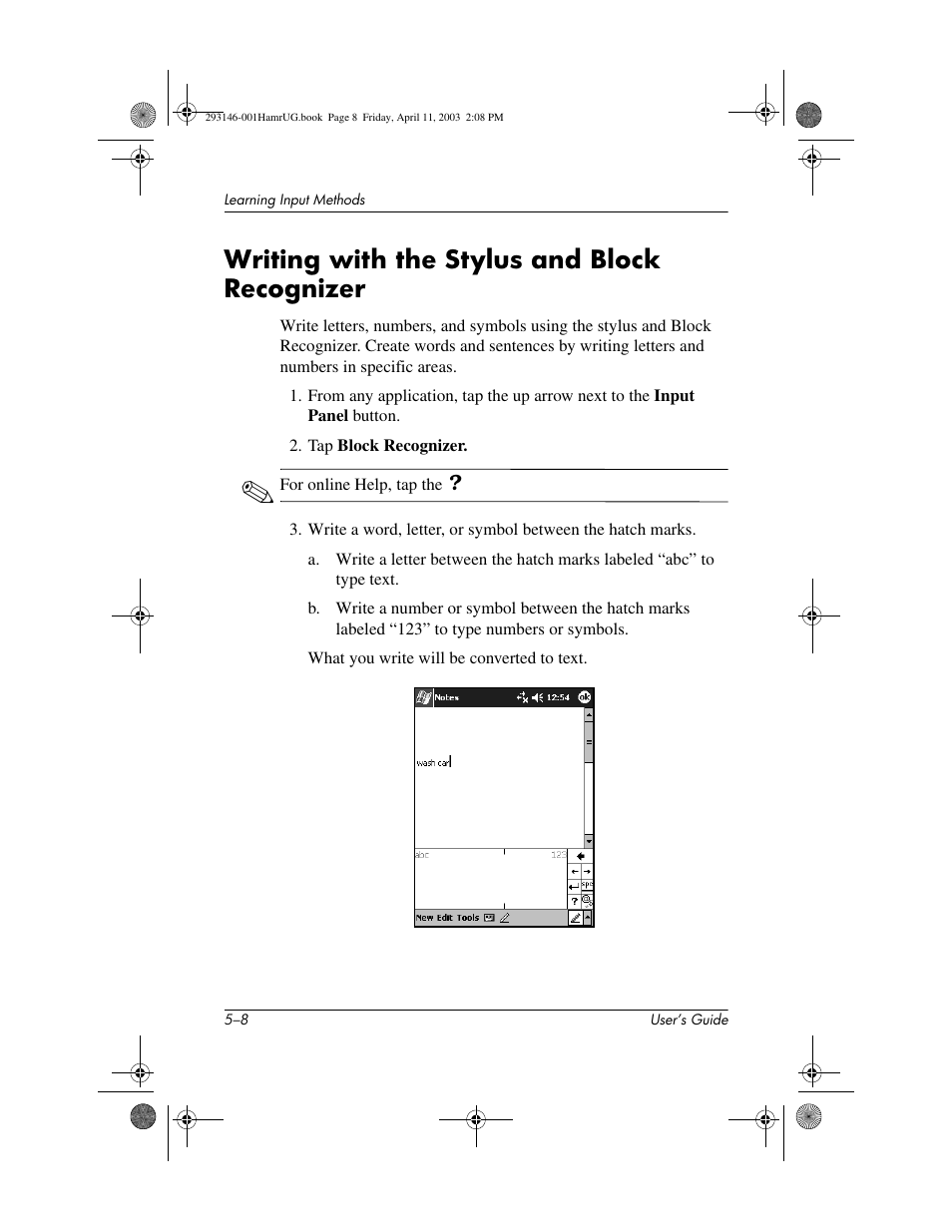 Writing with the stylus and block recognizer, Writing with the stylus and block recognizer –8 | HP h2200 Series User Manual | Page 63 / 125