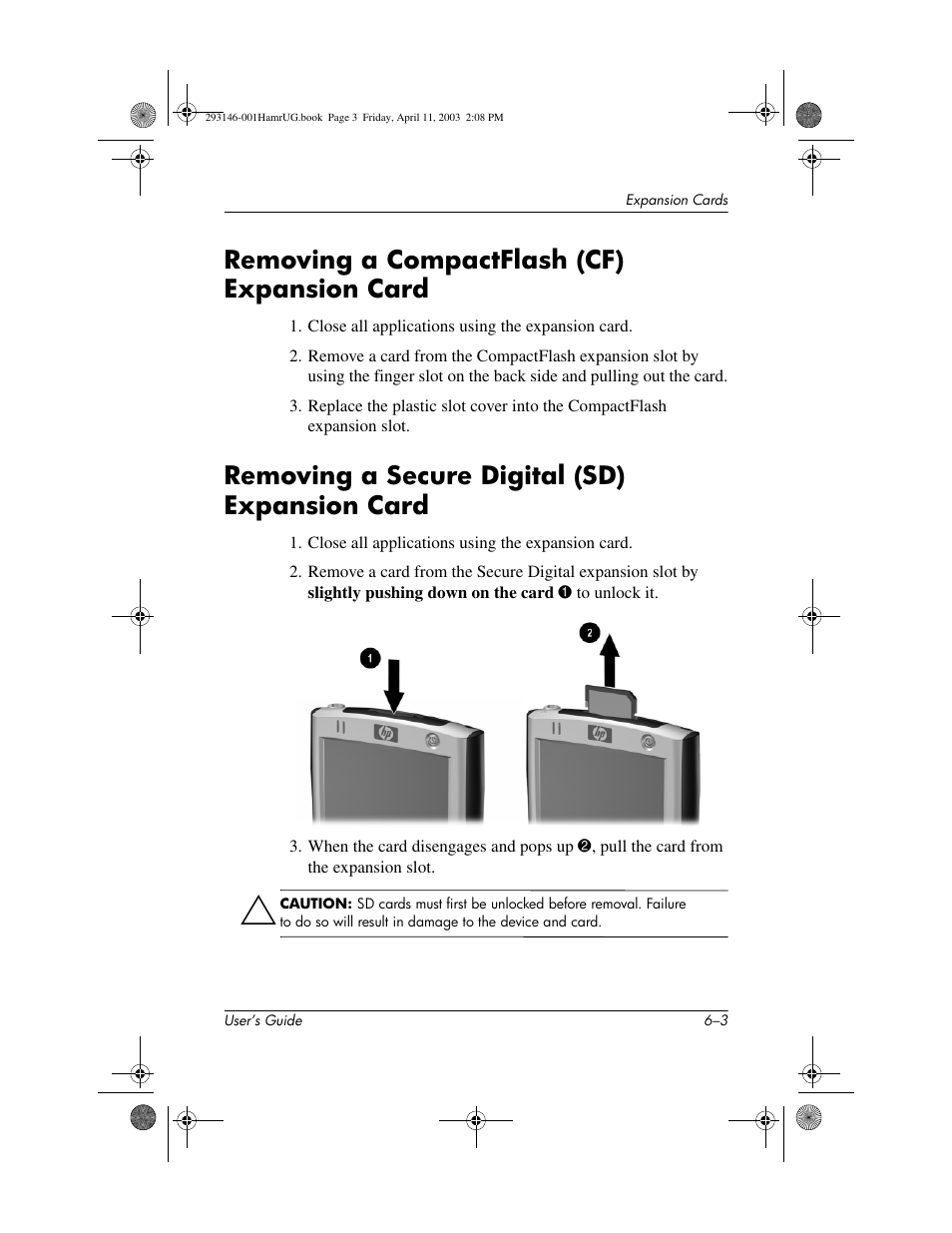 Removing a compactflash (cf) expansion card, Removing a secure digital (sd) expansion card | HP h2200 Series User Manual | Page 67 / 125