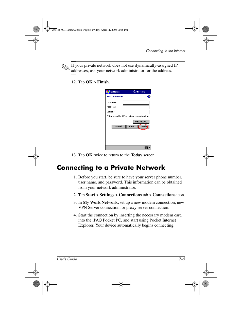 Connecting to a private network, Connecting to a private network –5 | HP h2200 Series User Manual | Page 73 / 125