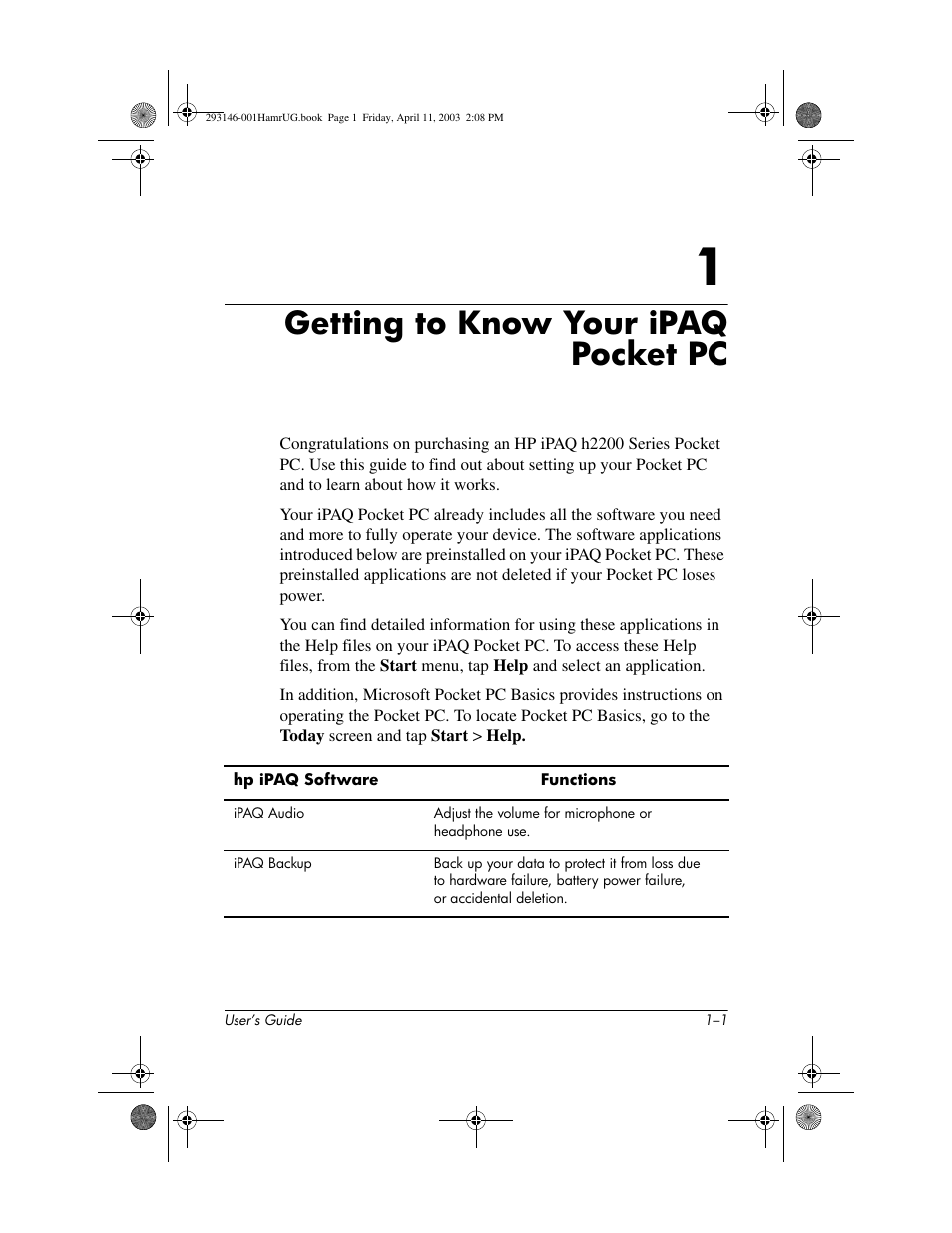 Getting to know your ipaq pocket pc, 1 getting to know your ipaq pocket pc | HP h2200 Series User Manual | Page 8 / 125
