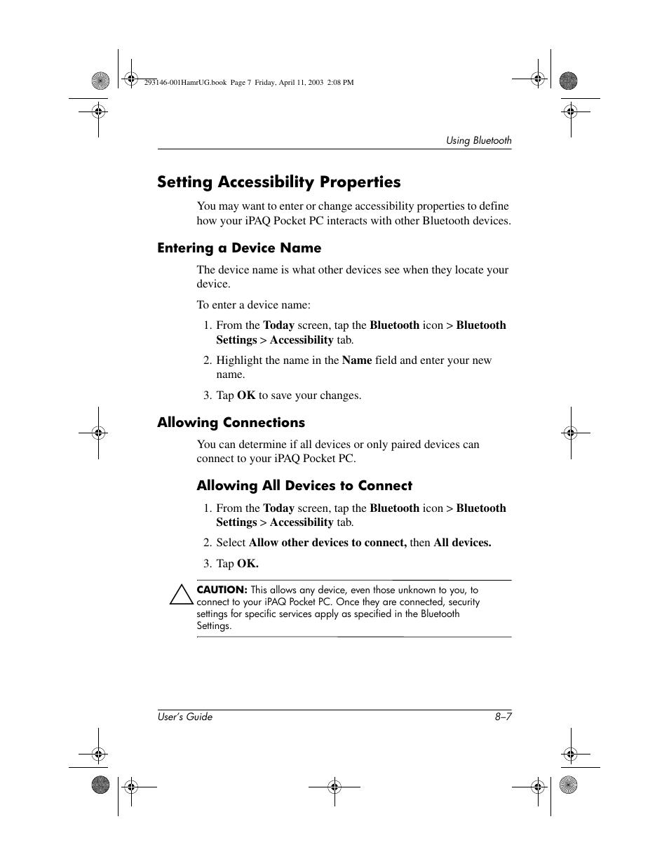 Setting accessibility properties, Entering a device name, Allowing connections | Setting accessibility properties –7 | HP h2200 Series User Manual | Page 82 / 125