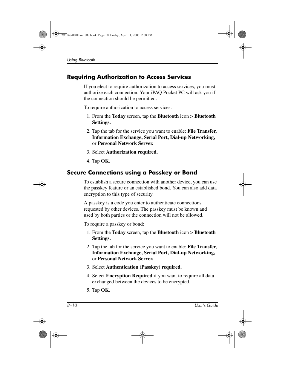 Requiring authorization to access services, Secure connections using a passkey or bond | HP h2200 Series User Manual | Page 85 / 125