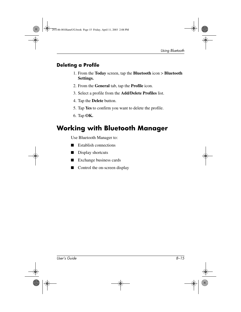 Deleting a profile, Working with bluetooth manager, Working with bluetooth manager –15 | HP h2200 Series User Manual | Page 90 / 125