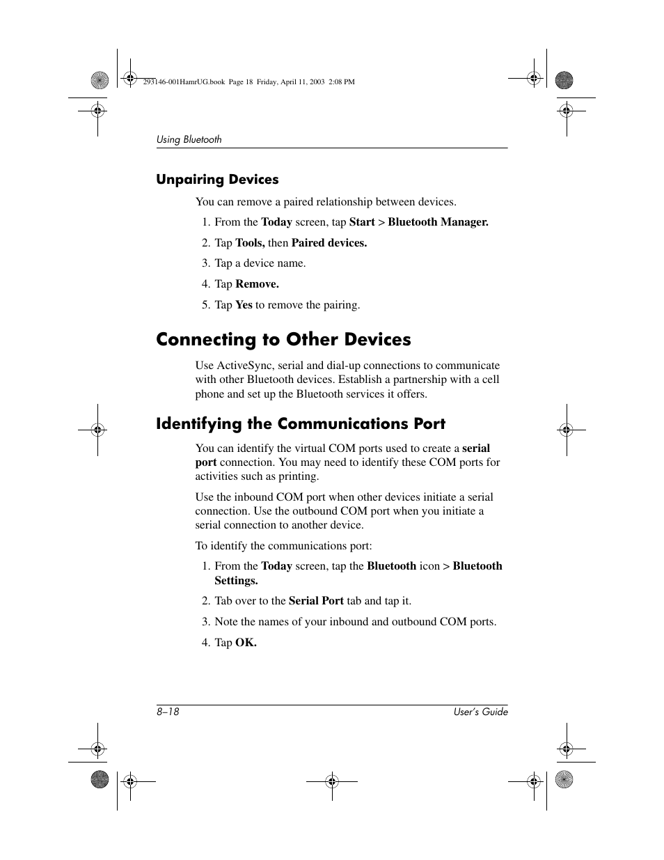 Unpairing devices, Connecting to other devices, Identifying the communications port | Connecting to other devices –18, Identifying the communications port –18 | HP h2200 Series User Manual | Page 93 / 125