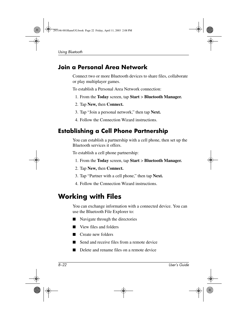 Join a personal area network, Establishing a cell phone partnership, Working with files | Working with files –22 | HP h2200 Series User Manual | Page 97 / 125