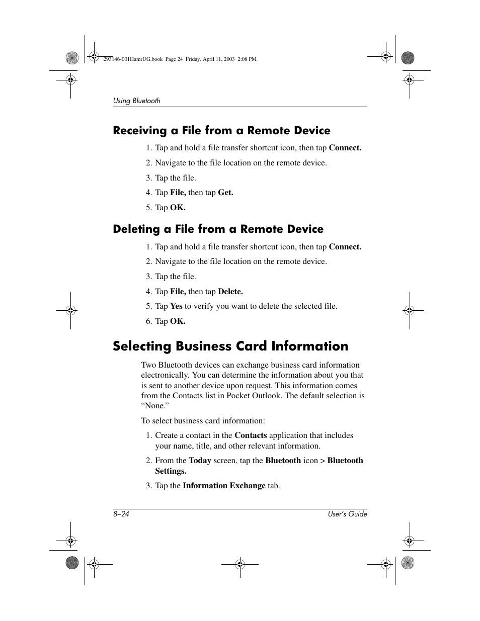 Receiving a file from a remote device, Deleting a file from a remote device, Selecting business card information | Selecting business card information –24 | HP h2200 Series User Manual | Page 99 / 125