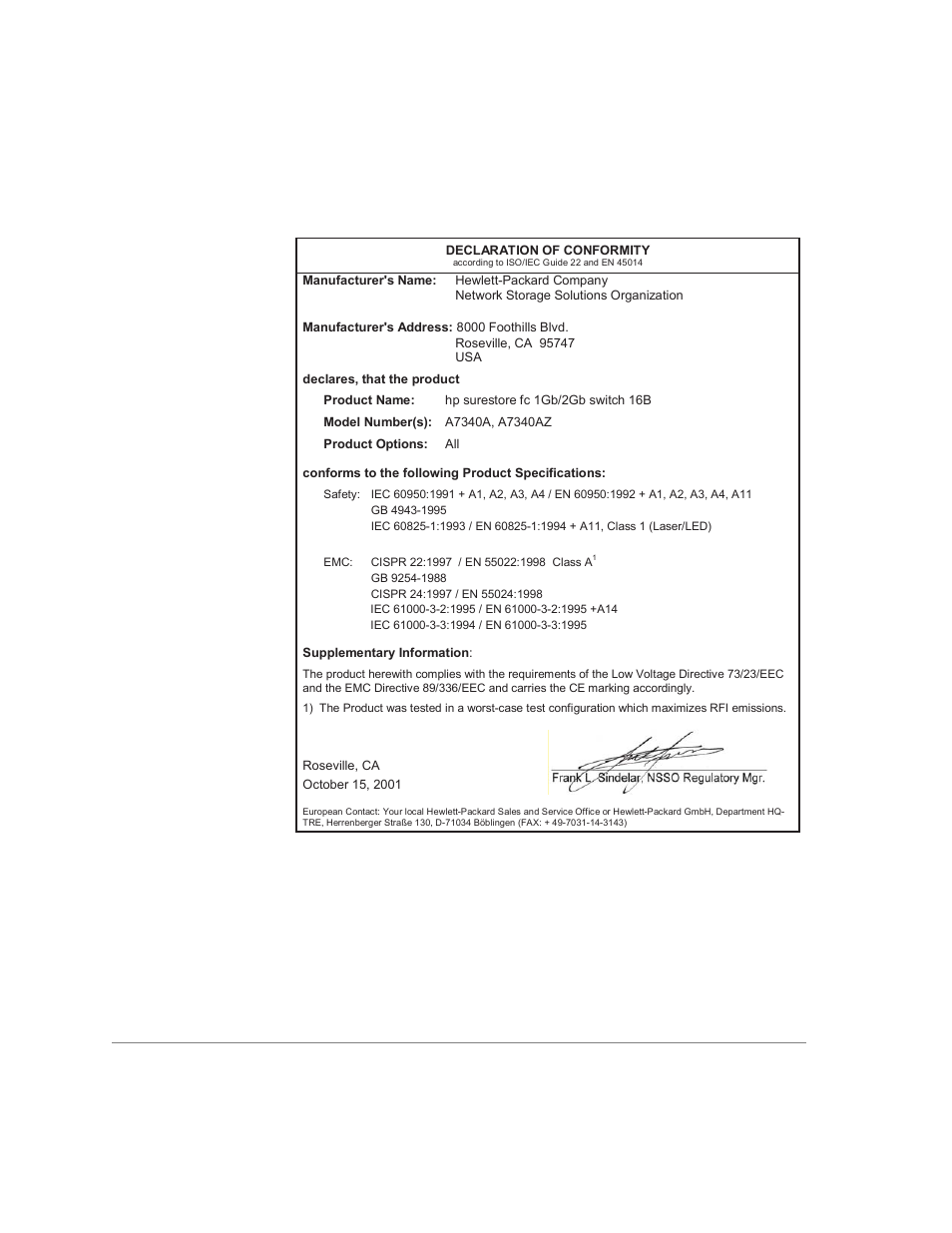 Declaration of conformity | HP 1Gb/2Gb switch 16B A7340-96002 User Manual | Page 48 / 52