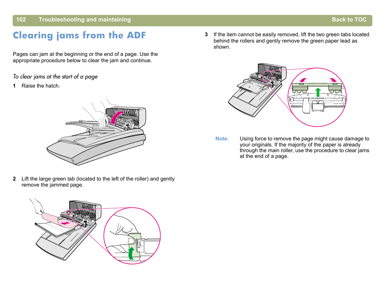 Clearing jams from the adf, Clearing jams from the adf" on, Clearing jams from the | HP 5400c Series User Manual | Page 102 / 140