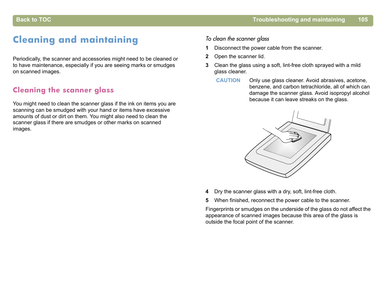 Cleaning and maintaining, Cleaning the scanner glass, Cleaning the | HP 5400c Series User Manual | Page 105 / 140