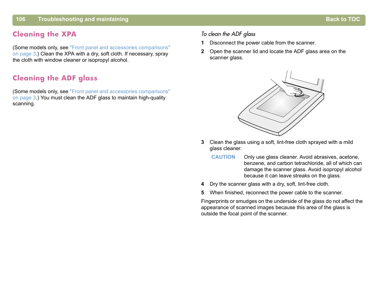 Cleaning the xpa, Cleaning the adf glass | HP 5400c Series User Manual | Page 106 / 140