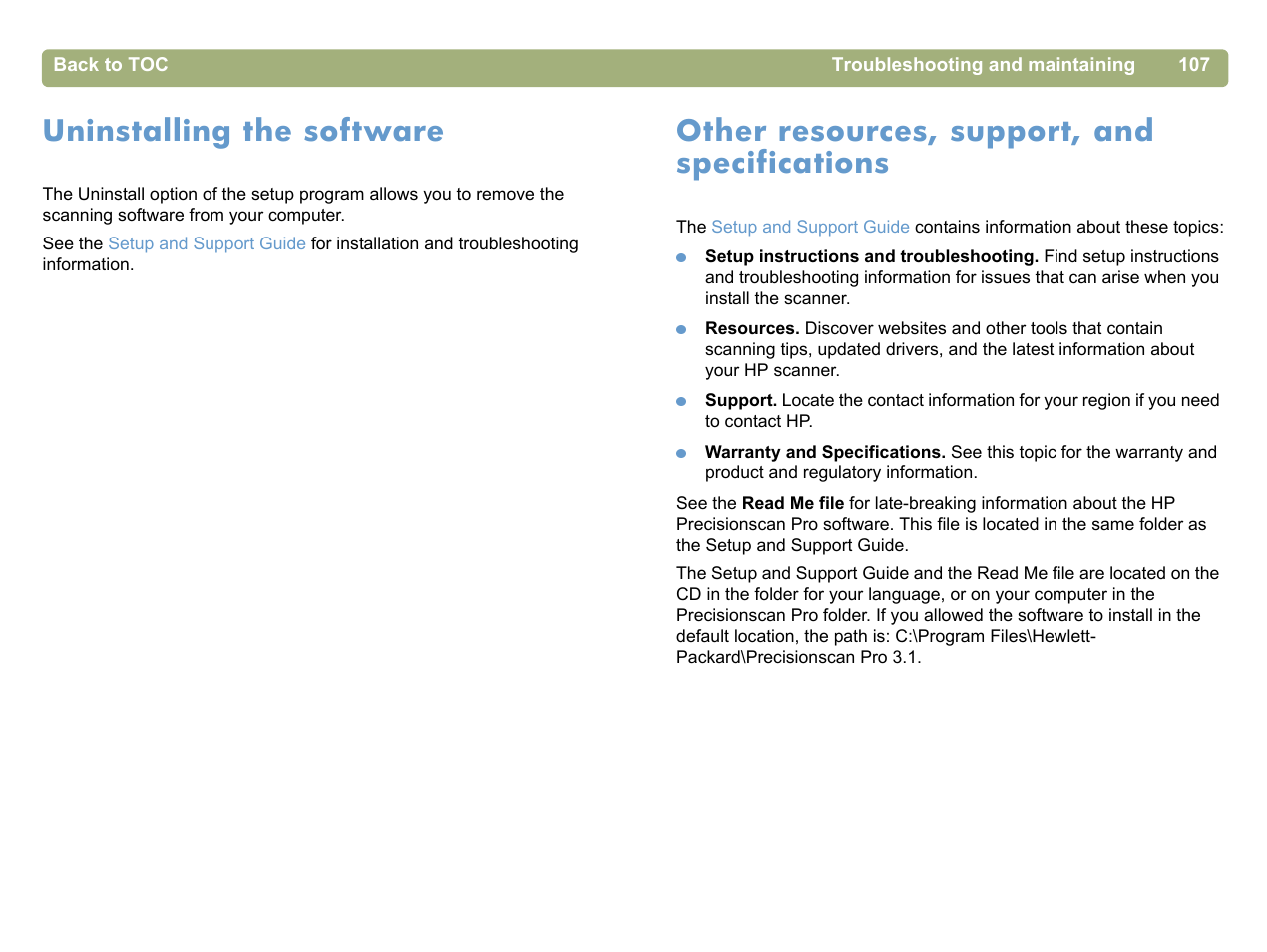 Uninstalling the software, Other resources, support, and specifications | HP 5400c Series User Manual | Page 107 / 140