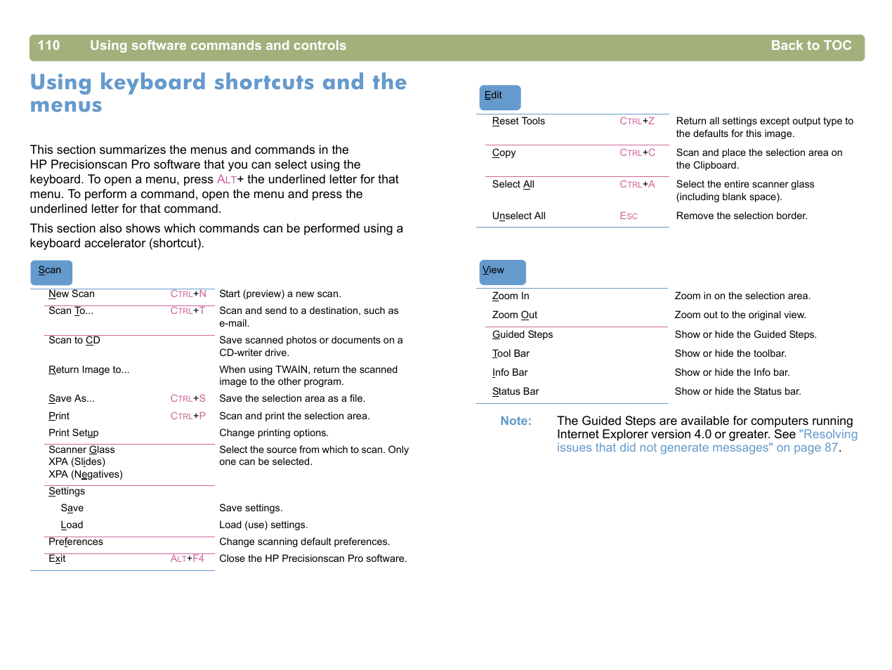 Using keyboard shortcuts and the menus | HP 5400c Series User Manual | Page 110 / 140