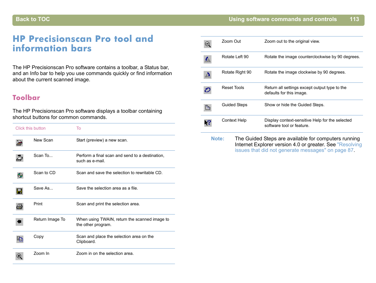 Hp precisionscan pro tool and information bars, Toolbar | HP 5400c Series User Manual | Page 113 / 140