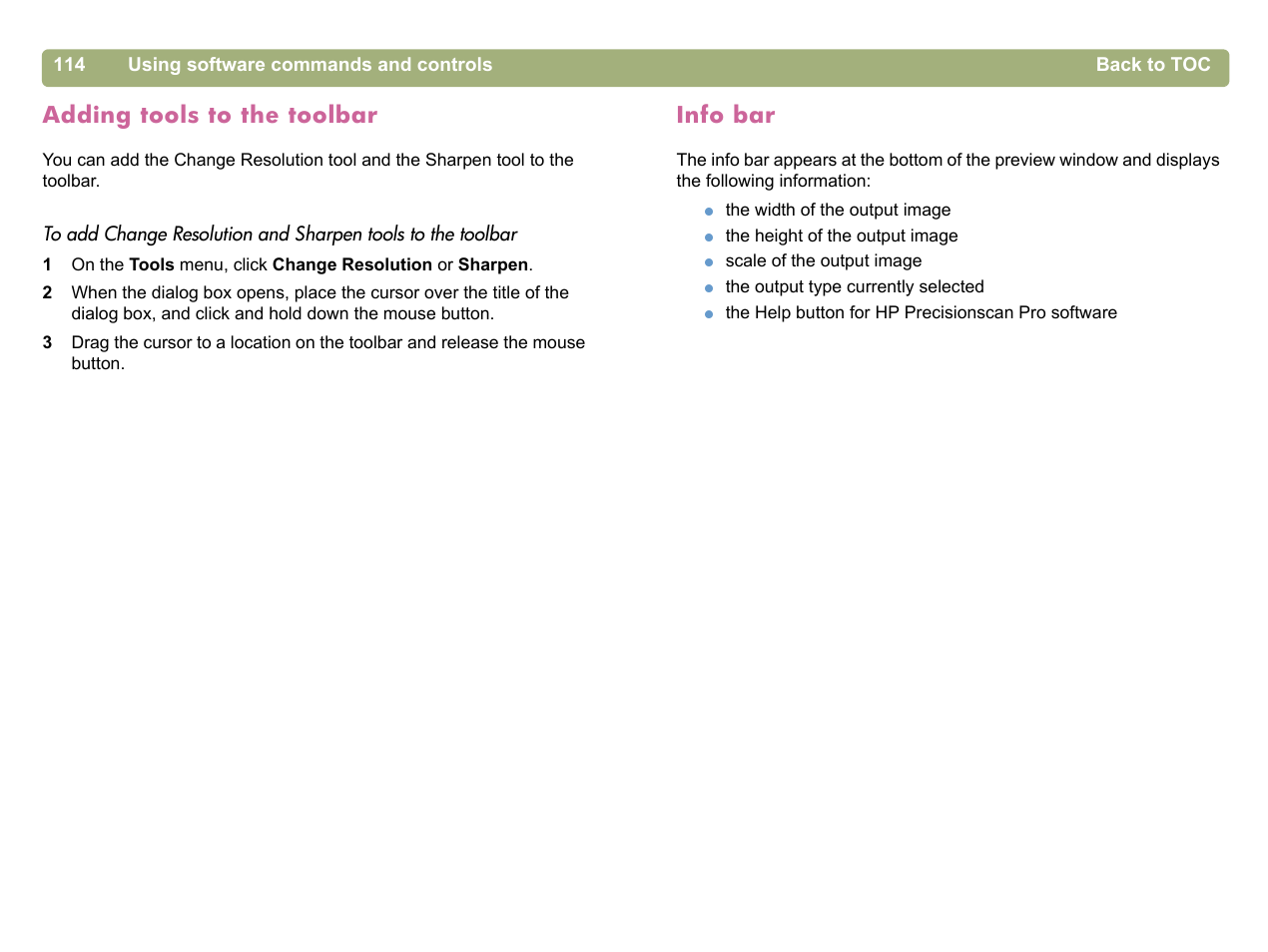 Adding tools to the toolbar, Info bar, To add change resolution and | HP 5400c Series User Manual | Page 114 / 140