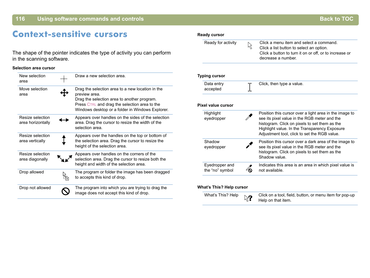 Context-sensitive cursors, Context-sensitive cursors" on | HP 5400c Series User Manual | Page 116 / 140