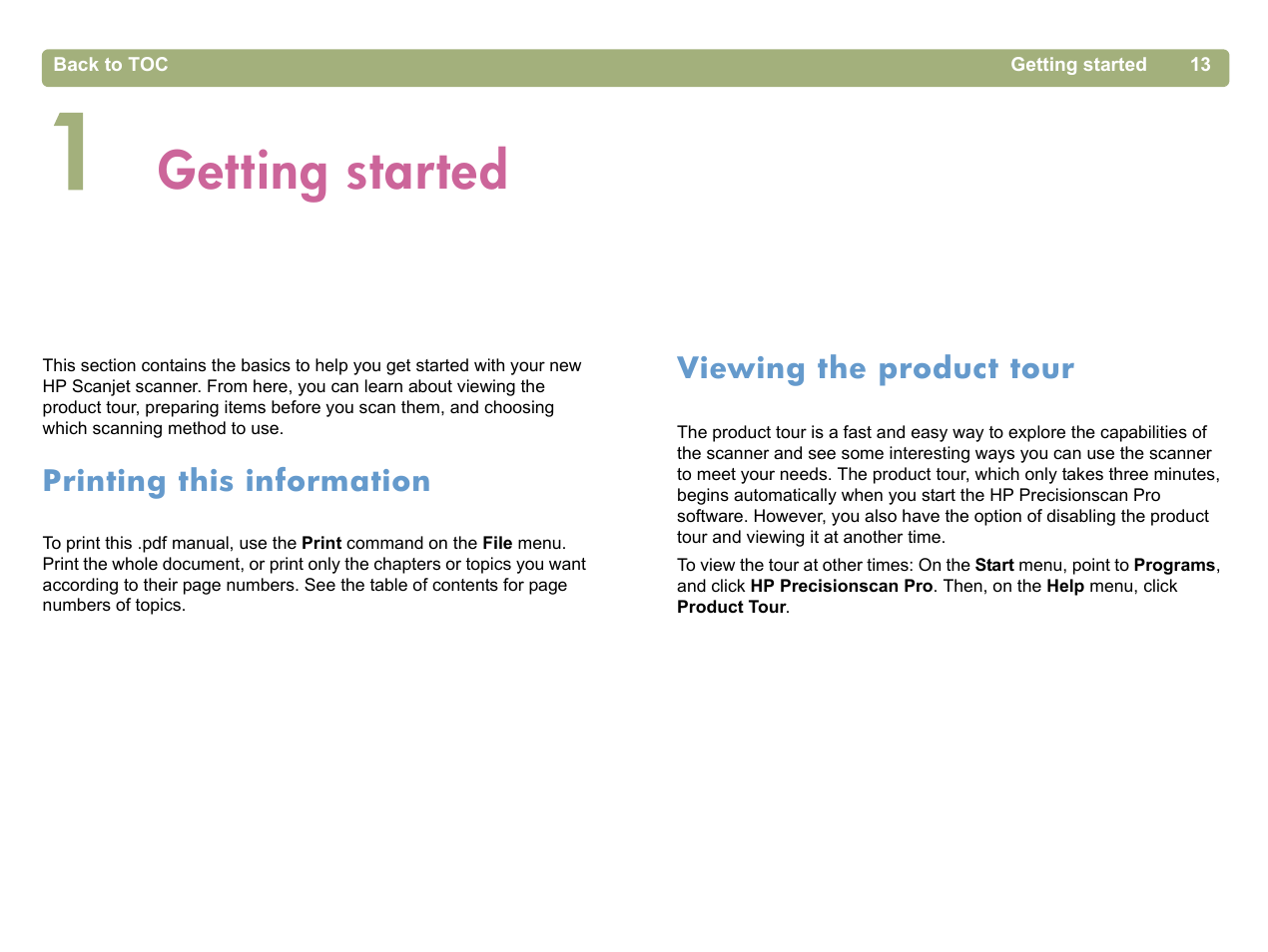 Getting started, Printing this information, Viewing the product tour | 1 getting started | HP 5400c Series User Manual | Page 13 / 140