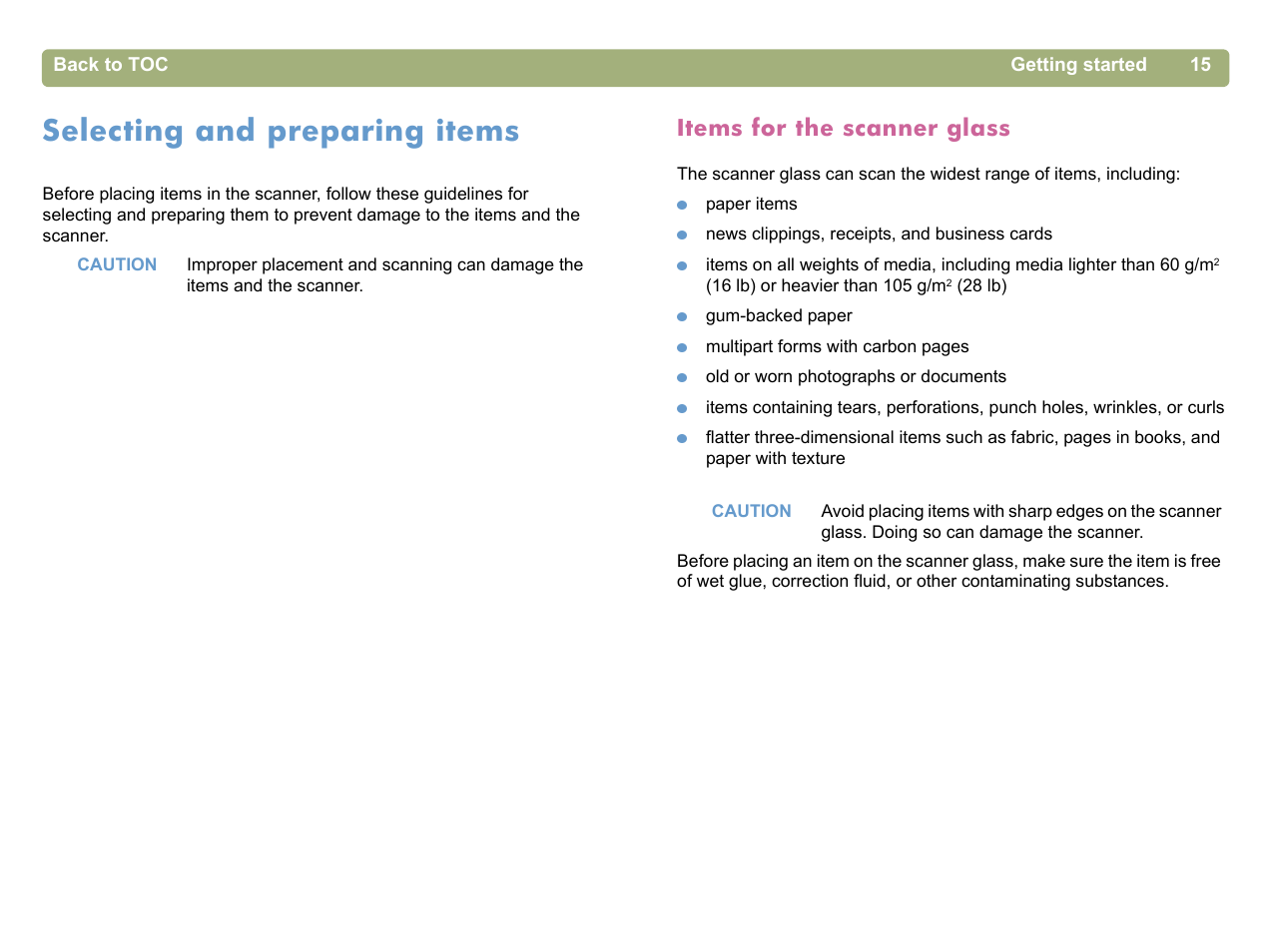 Selecting and preparing items, Items for the scanner glass | HP 5400c Series User Manual | Page 15 / 140