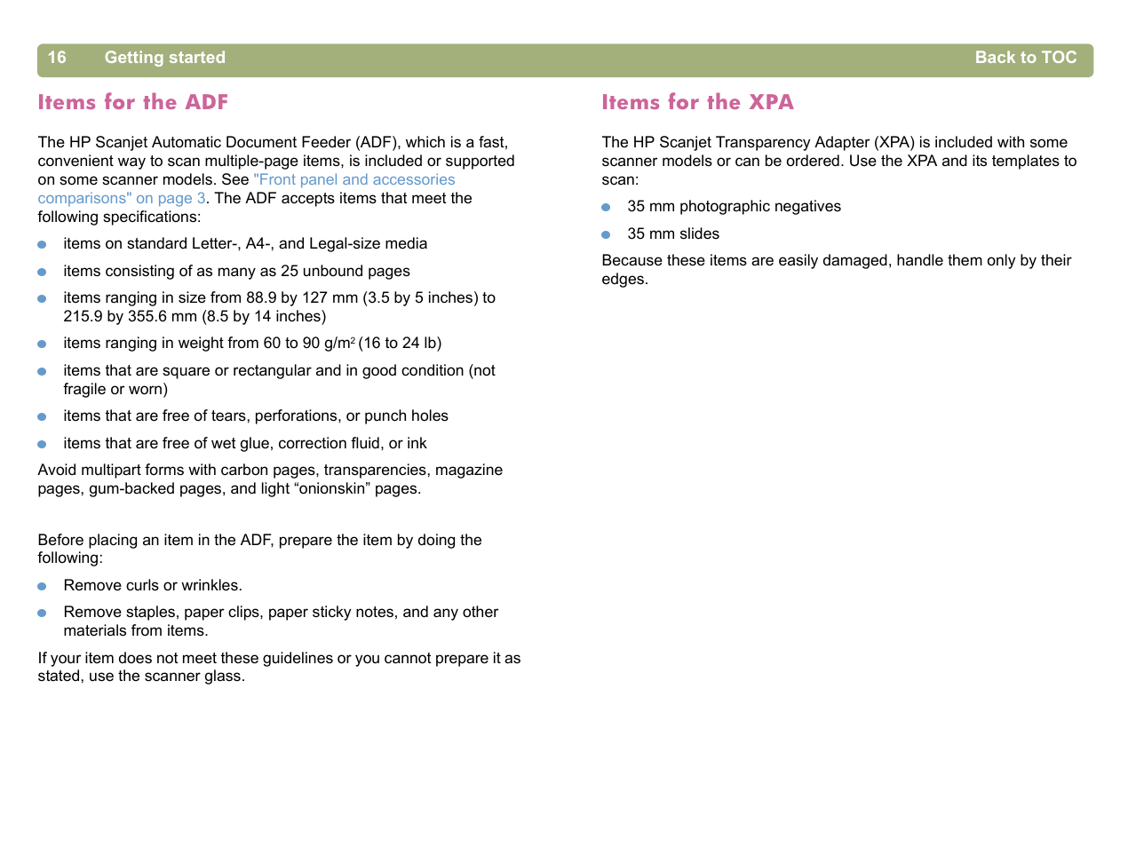 Items for the adf, Items for the xpa | HP 5400c Series User Manual | Page 16 / 140