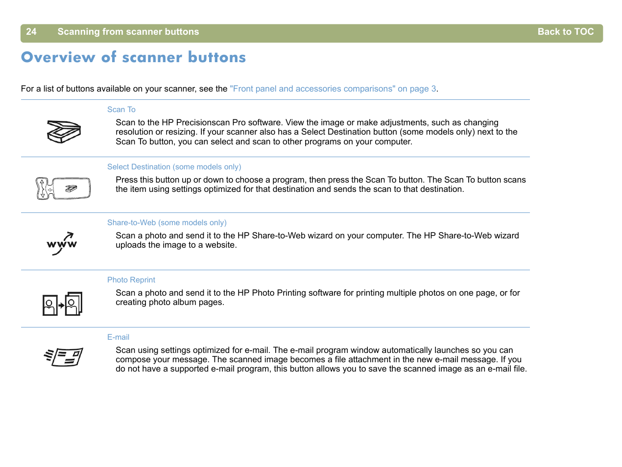Overview of scanner buttons | HP 5400c Series User Manual | Page 24 / 140