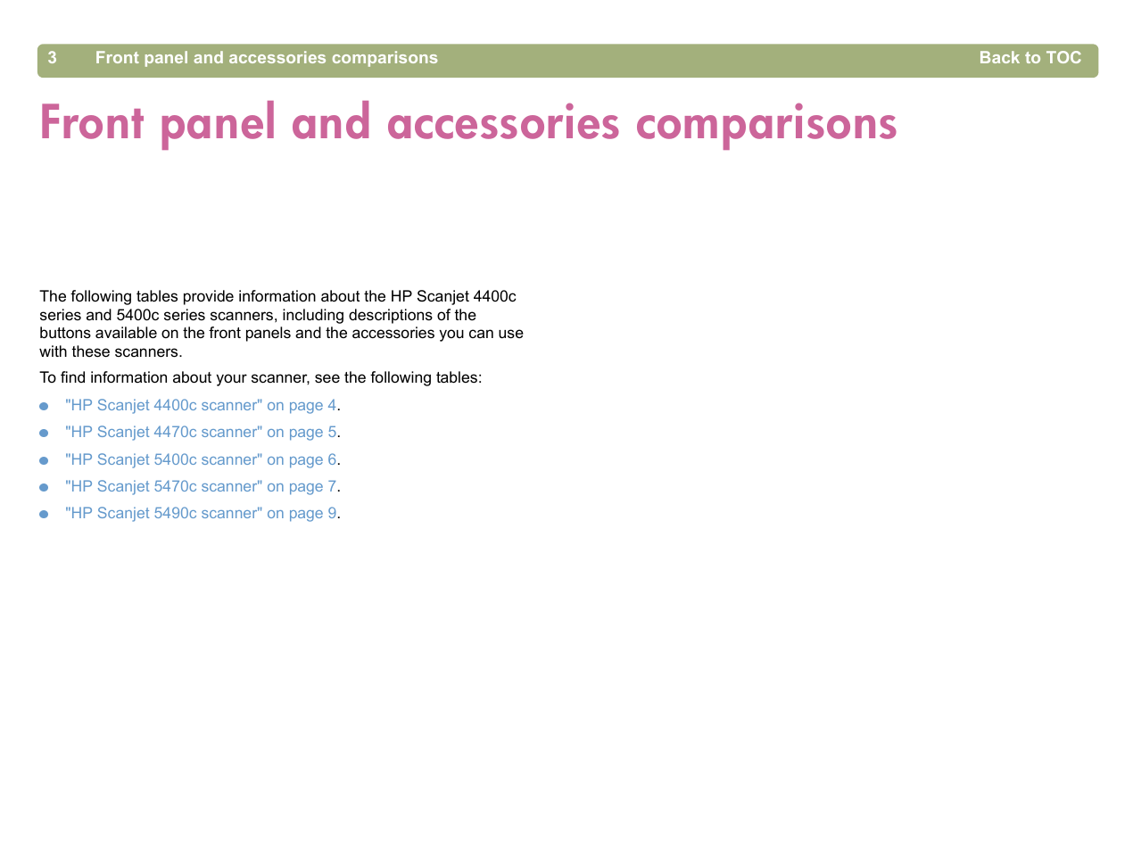 Front panel and accessories comparisons | HP 5400c Series User Manual | Page 3 / 140